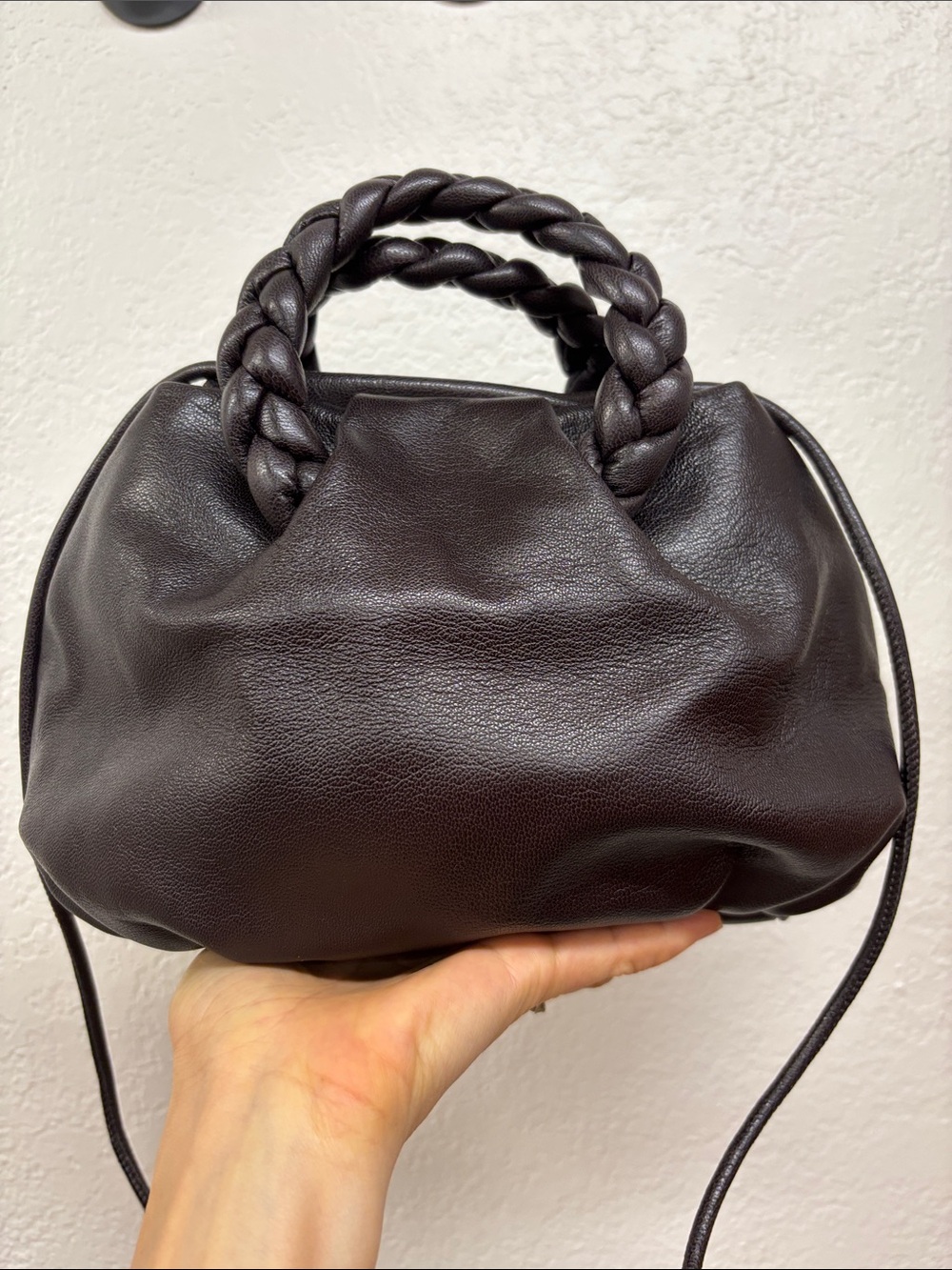 Hereu plaited handle leather bag Dark Brown
